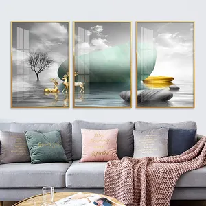 3 Stück Golden Deer und große grüne Steine Landschafts malerei moderne Luxus Wand kunst für Home Decoration druckt Poster und Leinwand