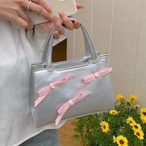 <b>Sweet</b> Textured Square <b>Bag</b> With Bow White Women's Fashion Handbag Everyday Use Spring 2024 - Product Image 4