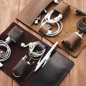 Custom Leather Roll Earphone Cord Wrap Cable Clips Cord Management Organizer Travel Cable Organizer Bag Cable Bag