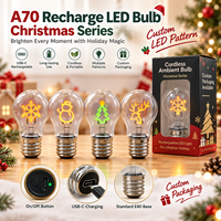 Ampoule LED rechargeable A70 en plastique prête à être expédiée, motif de Noël personnalisé, lumière décorative sans fil USB-C, emballage OEM, CE