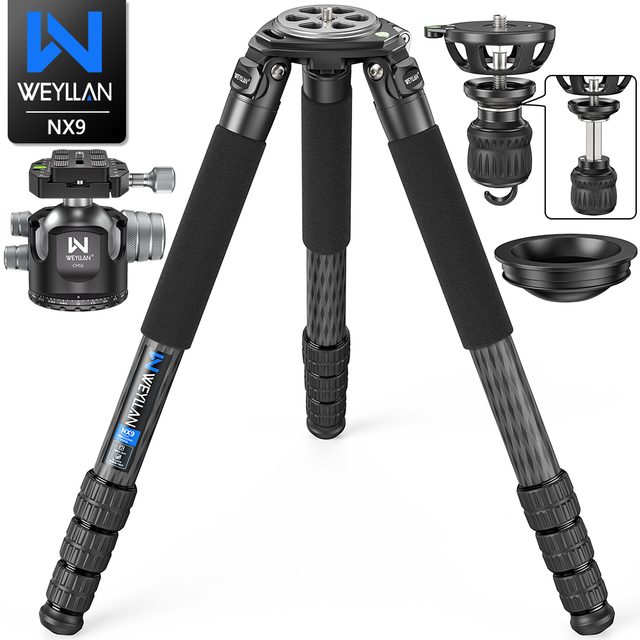 WEYLLAN NX9 63" Carbon Fiber Heavy Duty 40mm Leg Tripod Professional Camera Stand with Bowl Adapter Load 40kg C911 1600mm