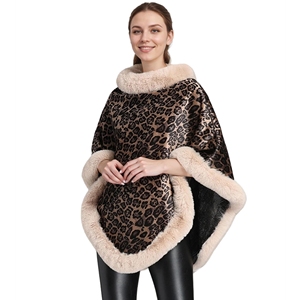 Women Warm Leopard <b>Shawl</b> Faux Fur Pullover Cloak Fluffy Trimmed Collar <b>Wrap</b> for Winter Outdoor Activities - Product Image 4