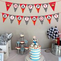 Bannière en papier Joyeux Anniversaire Thème Voiture de Course Écologique avec Décorations Drapeau à Carreaux pour Baby Shower Garçon