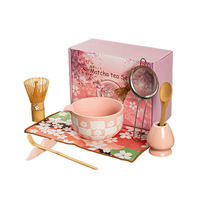 Ensemble de thé matcha japonais en céramique, boîte rose à 7 pièces, motif carré à carreaux, petites fleurs de cerisier, filtre, boîte cadeau