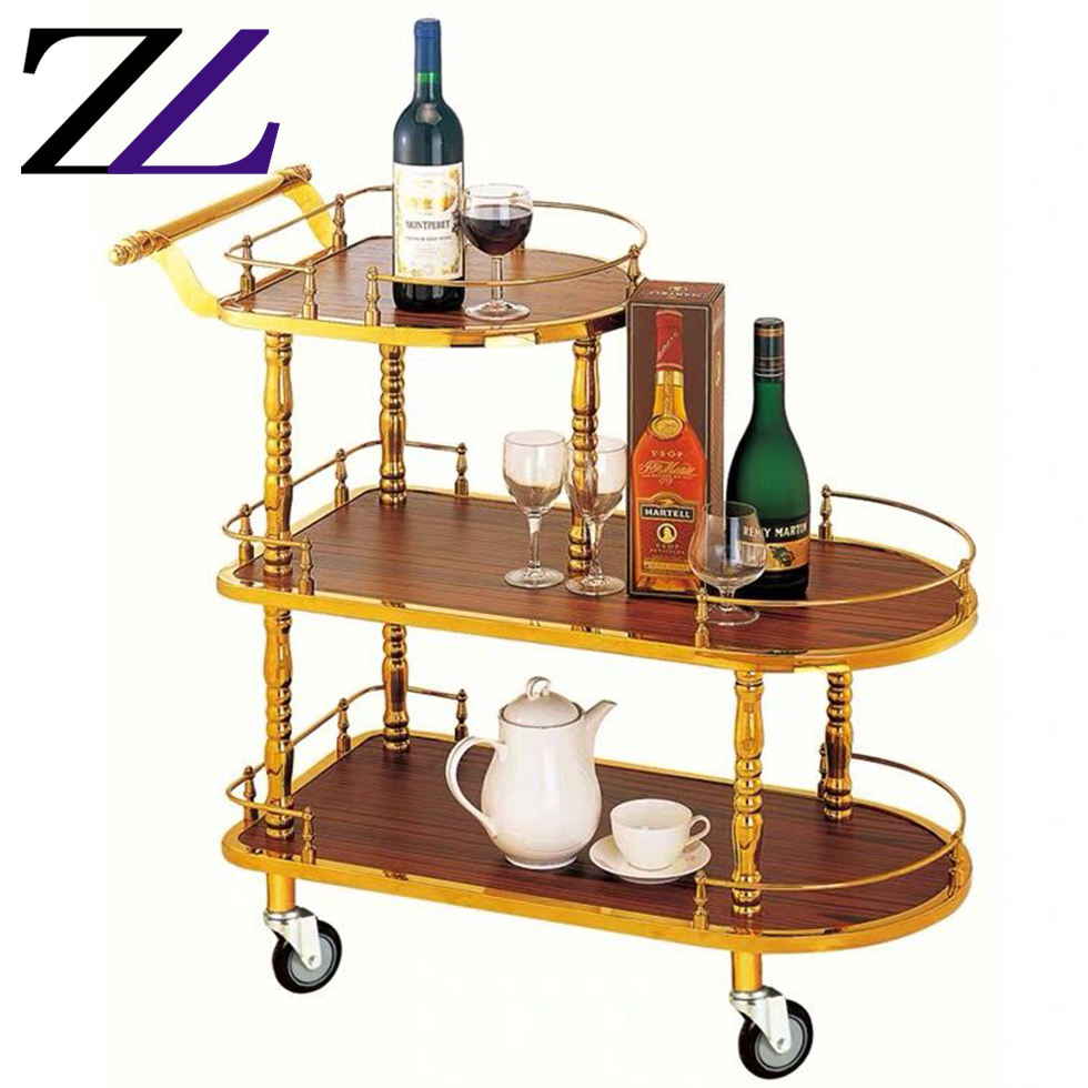 Beauty Eetkamer Hand Luxe Hout Goud Voedsel Thee Cake Dessert Zoete Service Winkelwagen Trolley Voor 3 Tier Bar Hotel houten Trolley