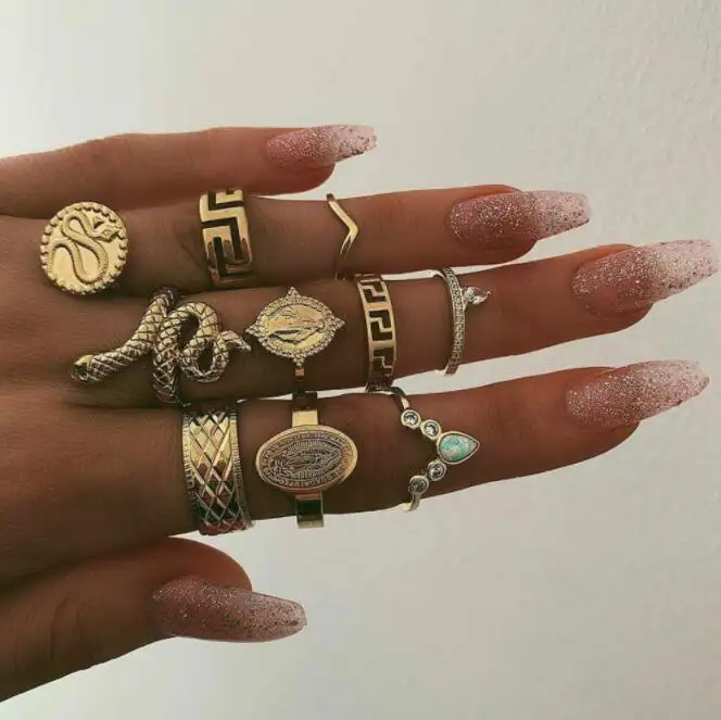 10 unids/set oro Vintage Boho dedo cristal estatua tallado anillos Punk serpiente anillo de piedra para la joyería de las mujeres