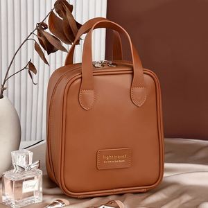 Large Capacity PU Leather Double Zipper Portable Cosmetic Bag Maillard Retro Style Waterproof Antifouling <b>Storage</b> - Product Image 3
