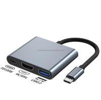 Stasiun Dok 4K 60hz 30Hz, Hub USB-C tiga dalam satu Tipe C dengan Transfer Data pengisian PD Aluminium tahan lama