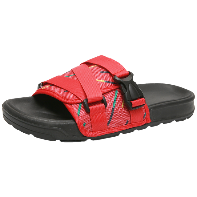 Hook and Loop Tape Fabric Print Slipper Fashion Strap Slides Mens Red Sandals Custom with Buckles