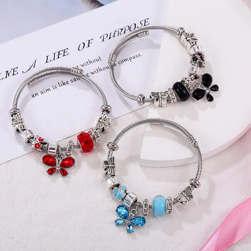 Super fashion Women Luxury Adjustable size Stainless Steel Bracelet Butterfly Four-Color Beaded Charm Bracelet