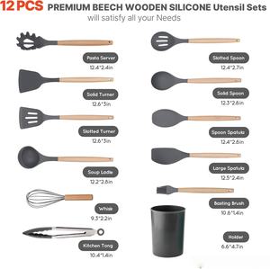 Ensemble d'accessoires de cuisine en silicone de 13 pièces avec manches en bois, outils et ustensiles de cuisson pour usage domestique - Product Image 4