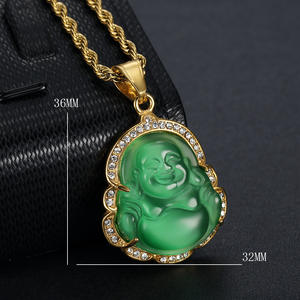 Bijoux Hip Hop Micro Pave cristal opale en acier inoxydable Jade chinois Maitreya bouddha collier pendentif 18k rappeur collier - Product Image 3