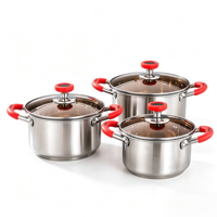 Ensemble de 6 casseroles en acier inoxydable, ustensiles de cuisine rouges avec couvercles en verre, casseroles et poêles