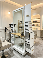 Vintage Güzellik LED Çok Fonksiyonlu Berber İstasyonu Dolabı Modern Tasarım Ahşap Salon Aynası (Camlı) Berber Dükkanı İçin