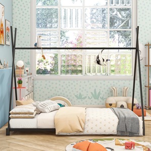 Cadre de lit en métal noir pour chambre d'enfant, structure gain de place, design bas avec sommier intégré - Product Image 2