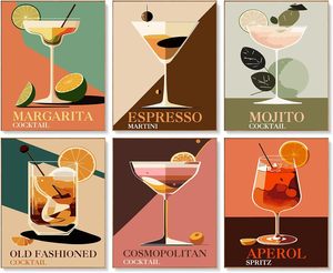 ORFON Set di 6 Stampe Murali Retrò per Cocktail, Poster Minimalisti <span class=keywords><strong>su</strong></span> <span class=keywords><strong>Tela</strong></span> per Margarita e Aperol Spritz, Decorazioni Vintage per Bar e Cucina - Product Image 1