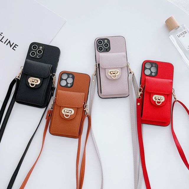 Card Holder Wallet Case with Crossbody Lanyard Chain Lichee Pattern Leather Purse Protective Case for Iphone 16 15 14 13 Pro Max