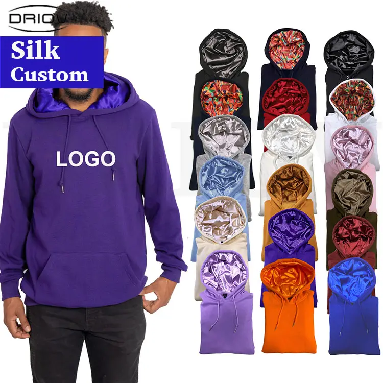 Biểu Tượng Tùy Chỉnh Đồng Bằng Hai Lớp Phụ Nữ Lụa Hoodies Người Đàn Ông Áo Thun Lông Cừu Unisex Satin Lót Hoodies Với Satin Mui Xe