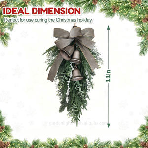 Guirlande de Noël artificielle suspendue de luxe de 11 pouces, écologique, en forme de larme, avec clochettes argentées, baies blanches, nœud gris, décoration de fête - Product Image 3