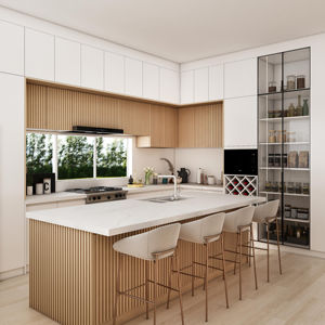 Armoires de cuisine modernes et confortables en bois avec décoration cannelée, évier en mélamine, sur mesure pour appartement - Product Image 1