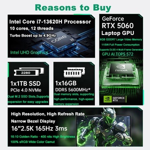 لابتوب ألعاب مع بطاقة رسومات WIFI 6E RTX 5060 8G Thunderbolt 4، معالج إنتل كور i7 الجيل الثالث عشر 13620H بعشرة أنوية و16 خيطًا - Product Image 2