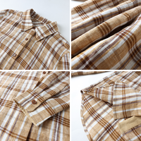 Kemeja Wanita Cokelat Beige Motif Kotak-Kotak Kerah Turun Kancing Depan Lengan Panjang Ujung Melengkung Potongan Santai Kasual Grosir Pabrik Kustom