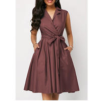 Robe de bureau élégante pour femme, sans manches, col en V, ceinture à nouer, coupe trapèze, longueur midi, idéale pour le travail et les affaires