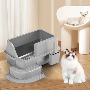 Bac à <span class=keywords><strong>litière</strong></span> pour <span class=keywords><strong>chat</strong></span> en acier inoxydable avec design ouvert, échelle facile à nettoyer pour chats, toilette pour animaux de compagnie - Product Image 6