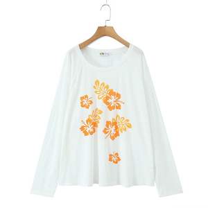 เสื้อยืดแขนยาวพิมพ์ลายทรอปิคอลทรงหลวมสีขาว ไซส์พลัส เนื้อผ้าถักระบายอากาศได้ดี เสื้อลำลองสำหรับผู้หญิง - Product Image 5