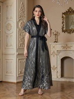 Abaya pour femmes musulmanes, col rond, broderie, robe maxi, col en V, manches courtes, style marocain, turc, caftan ample, robe musulmane Abaya