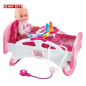 girls pretend play game soft silicone interactive baby doll crib bedding toy plastic pink doll house bed for kids