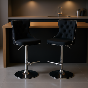 Set di 2 sgabelli da bar moderni in velluto nero, altezza regolabile, base cromata, design trapuntato imbottito per bar domestico - Product Image 2