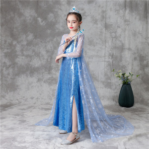Abito da ragazza <span class=keywords><strong>principessa</strong></span> congelata con paillettes e Design <span class=keywords><strong>Elsa</strong></span> con coda a manica lunga per Performance estiva al ginocchio per bambini - Product Image 2