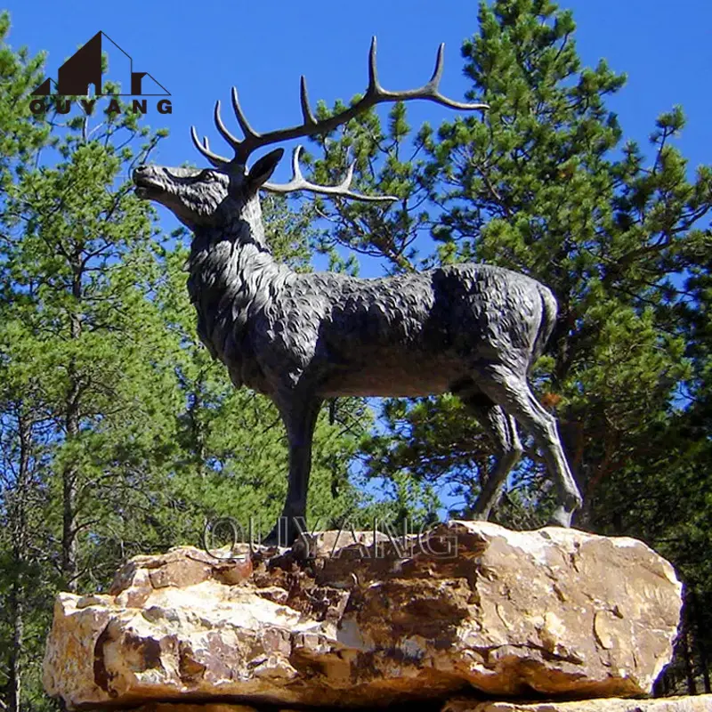 QUYANGモダンアウトドアガーデンデコレーション等身大メタルアニマルエルク彫刻銅真鍮ブロンズ鹿像
