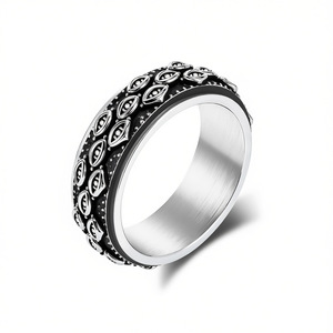 Anillo giratorio de acero inoxidable con ojo turco retro para hombre, joyería para el dedo índice, regalo con diseño geométrico, engaste pavé, acero negro y dorado. - Product Image 1
