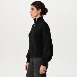 <span class=keywords><strong>Veste</strong></span> pull décontractée pour <span class=keywords><strong>femme</strong></span> en mélange cachemire et laine, coupe ample, col montant, manches lanternes, côtelé épais, poches latérales, fermeture éclair intégrale - Product Image 3