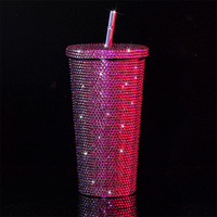 Gobelet de luxe avec paille, cristaux et strass scintillants, style luxueux, avec couvercle, tasse en cristal
