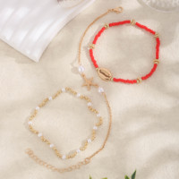 Ensemble de 3 bracelets de cheville en or avec perles, breloques coquillages et chaîne étoile de mer – Bijoux de plage estivaux, cadeau pour femme