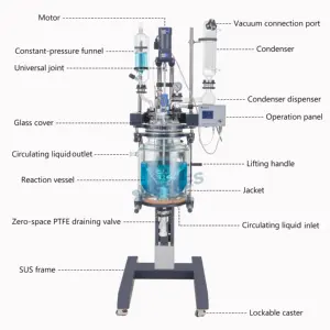 Isıtıcı ve vakum pompası ile 30L laboratuvar kimyasal gemi kaldırma ceketli çok fonksiyonlu sentez cam reaktör