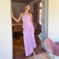 Nouvelle Robe Longue Chic Plissée à Col Halter et Bordure Lotus, Qualité Supérieure, Violet, pour Vacances 2025