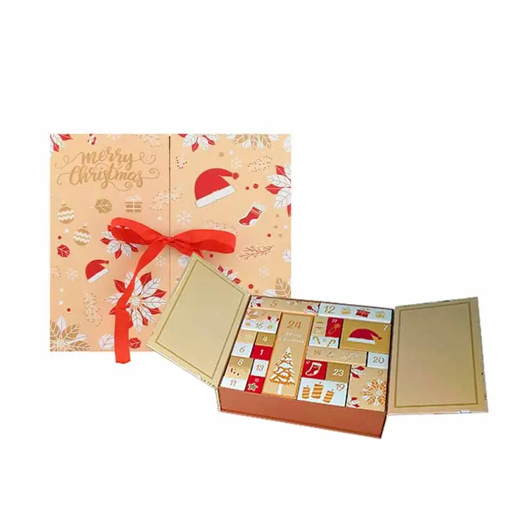 Kotak hadiah kertas kardus dekoratif kalender kedatangan kecantikan khusus untuk kotak penutup Natal