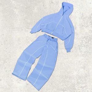 Özel aplike nakış Baggy <span class=keywords><strong>Sweatpants</strong></span> ve fermuarlı kapüşonlu eşofman üstü üretici yüksek kalite polar iki parçalı Jogger seti erkekler - Product Image 2