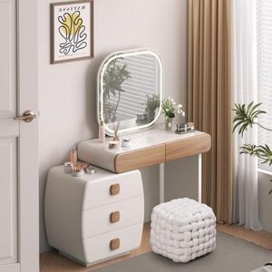 Table de toilette beige style crème avec tabouret, table de maquillage moderne de haute qualité pour filles, table de toilette en bois populaire pour la maison - Product Image 1
