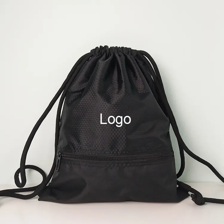 고품질 420D 폴리 에스터 Drawstring 배낭 블랙 방수 로고 체육관 Drawstring 스포츠 가방 포켓