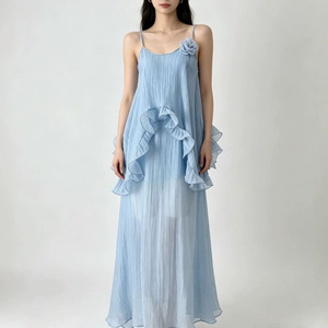 Elegante Abito Estivo <span class=keywords><strong>da</strong></span> Donna in Poliestere con Volant Irregolari, Stile Vacanza, Vita Alta, Nuovo Modello Lungo per le Vacanze - Product Image 1