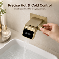 Robinet de lavabo mural en acier inoxydable brossé doré avec affichage numérique, cartouche en céramique, disponible en OEM pour la vente en gros