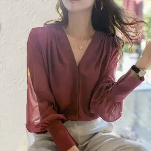 Custom 2024 estilo francés, elegante manga larga con cuello en V blusa Tops verano seda satén camiseta para mujer/