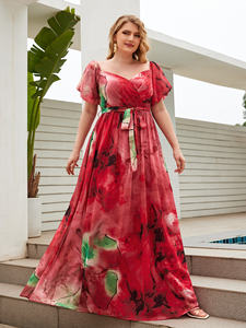 Robe en mousseline élégante et gracieuse à manches lanternes, col en V, imprimé numérique à l'aquarelle florale coupée au hasard, avec ceinture - Product Image 5