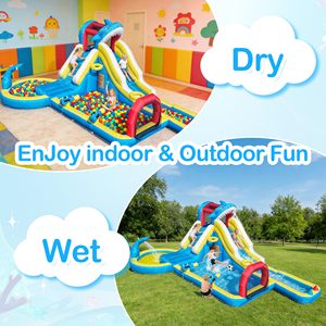 Toboggan aquatique gonflable en promotion pour enfants de 3 à 12 ans, parc aquatique de jardin avec souffleur 480W, 9-en-1, thème requin, longues glissades, but de football extérieur - Product Image 6