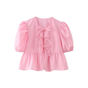 Camicette Vintage da Donna <span class=keywords><strong>con</strong></span> Collo Tondo, Maniche Corte, Lacci e Volant, Motivo Tinta Unita, Tessuto per Primavera Estate - Product Image 2